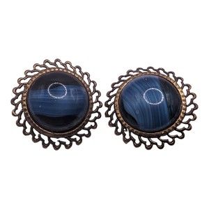 VTG Deep Blue Swirl Glass Brass Tone Round Clip-on Earrings Button West Germany